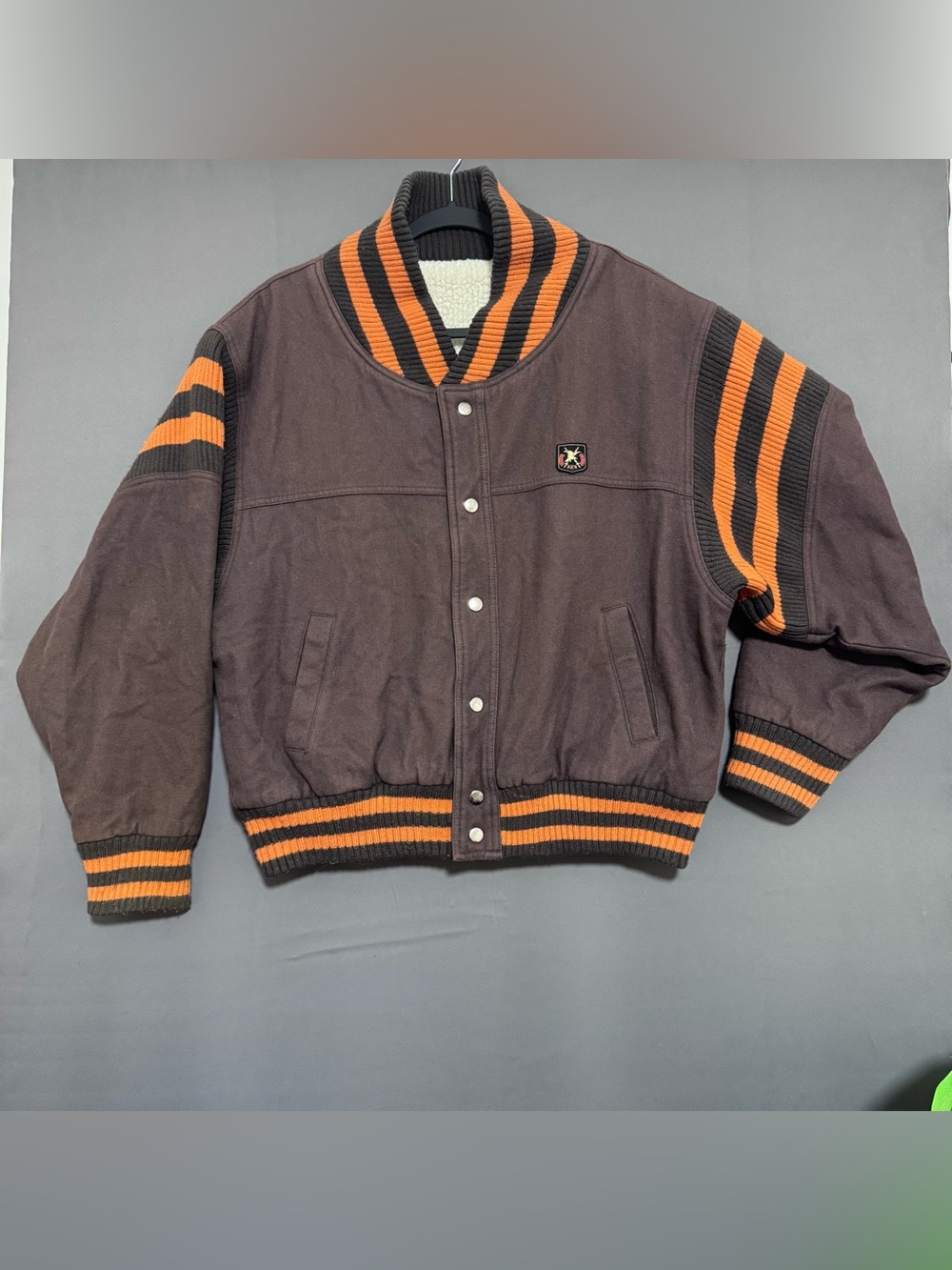Vintage Focus Club Varsity Jacket Brown Orange Sherpa Lined Bomber Men's Medium